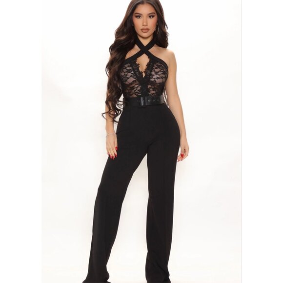 NWT Fashion Nova Excuse You Lace Halter Black Jumpsuit w/ Belt – XS - Picture 1 of 4